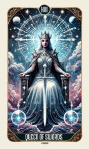 Close-up of the Queen of Swords tarot card meaning, showing a powerful queen on a stone throne under a radiant cosmic sky, embodying clarity, independence, and truth