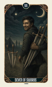 Close-up of the Seven of Swords tarot card showing a man glancing back while carrying swords under a crescent moon, symbolizing intellect, secrecy, and the balance between strategy and honesty — core to the Seven of Swords tarot meaning.