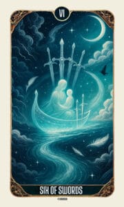 A detailed close-up of the Six of Swords tarot card artwork, showing two figures crossing calm cosmic waters under a luminous night sky — a visual symbol of healing, transformation, and the Six of Swords tarot meaning.