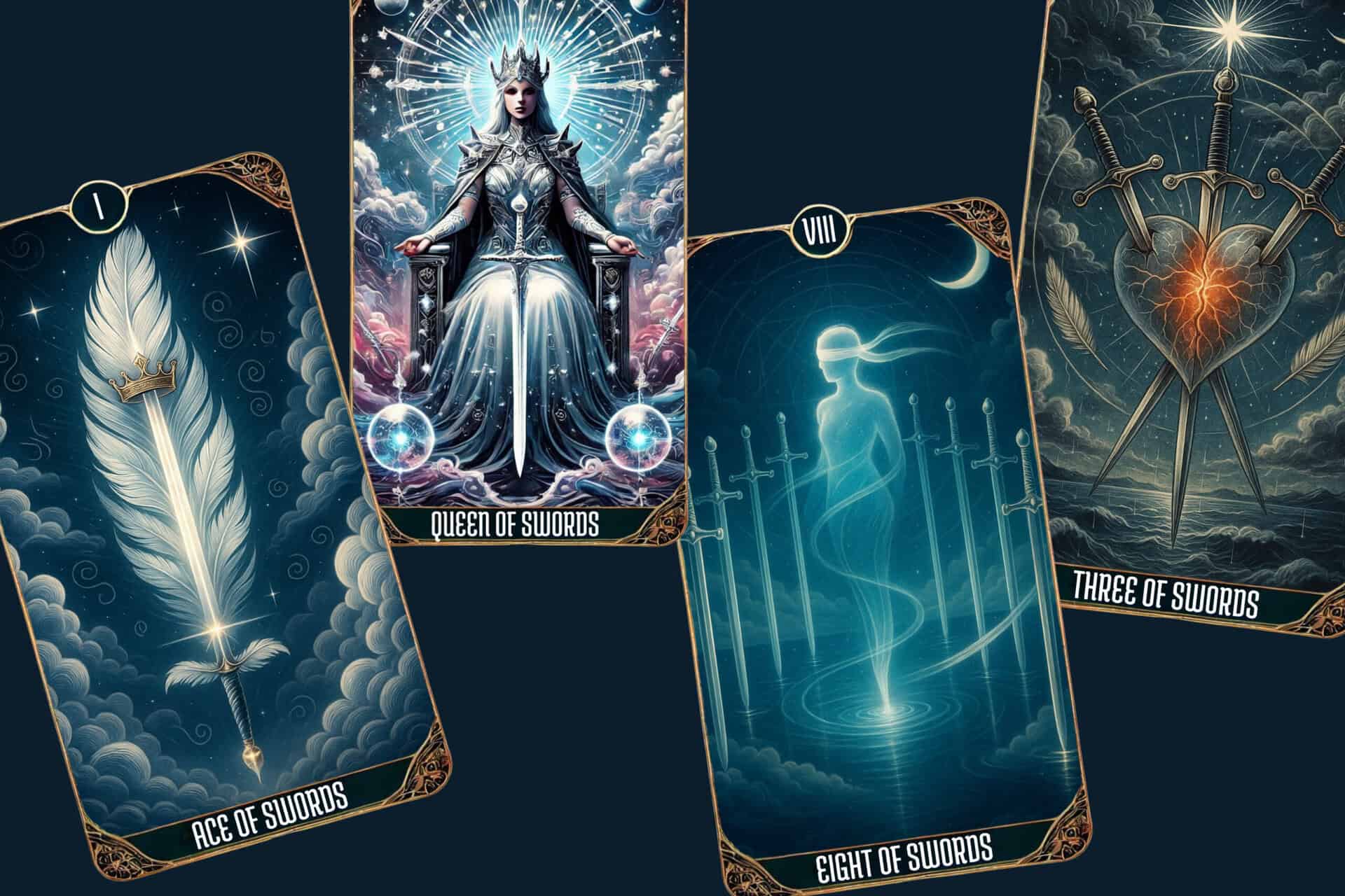 Four tarot cards — Ace of Swords, Queen of Swords, Eight of Swords, and Three of Swords — symbolizing truth, intellect, challenge, and emotional breakthrough. Highlights the meaning of the Suit of Swords tarot cards and their connection to logic and clarity.