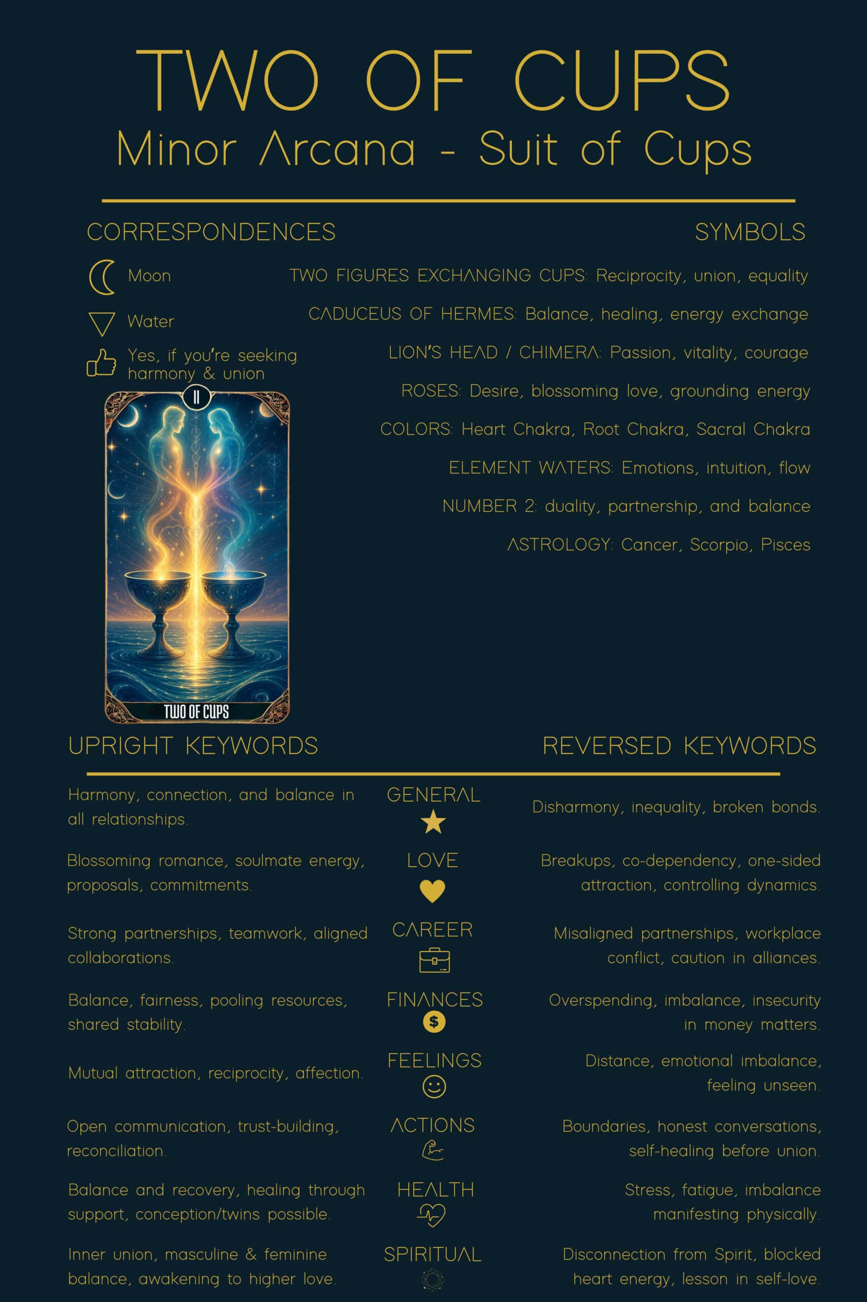 A Two of Cups tarot cheat sheet showing correspondences, symbols, upright and reversed keywords, and meanings across love, career, finances, health, and spirituality. Designed to help readers quickly understand the symbolism and interpretations of the Two of Cups.