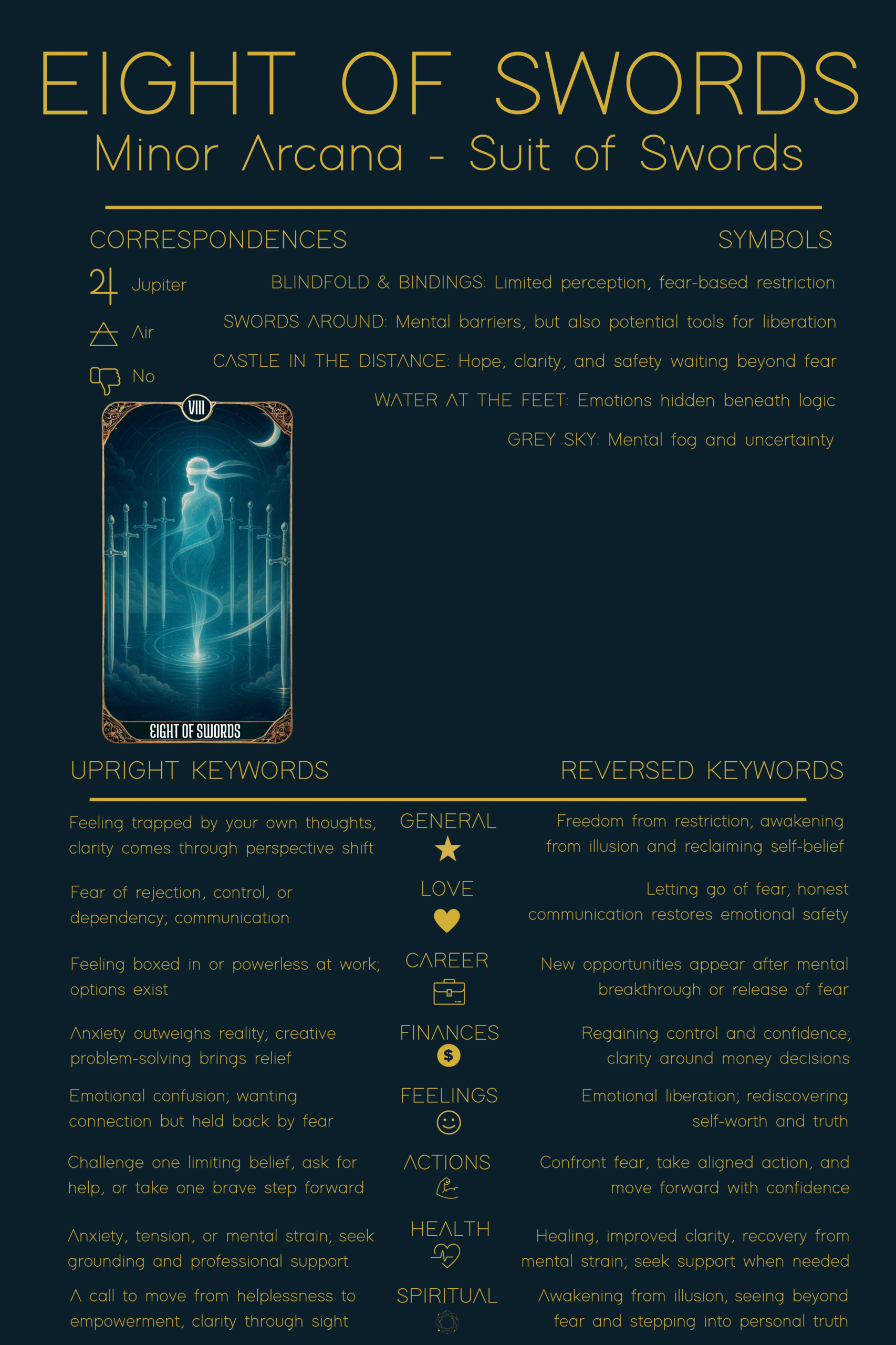 Eight of Swords tarot cheat sheet displaying correspondences, symbols, and upright and reversed keywords, visually summarizing the Eight of Swords tarot meaning as a journey from mental imprisonment to clarity and empowerment.