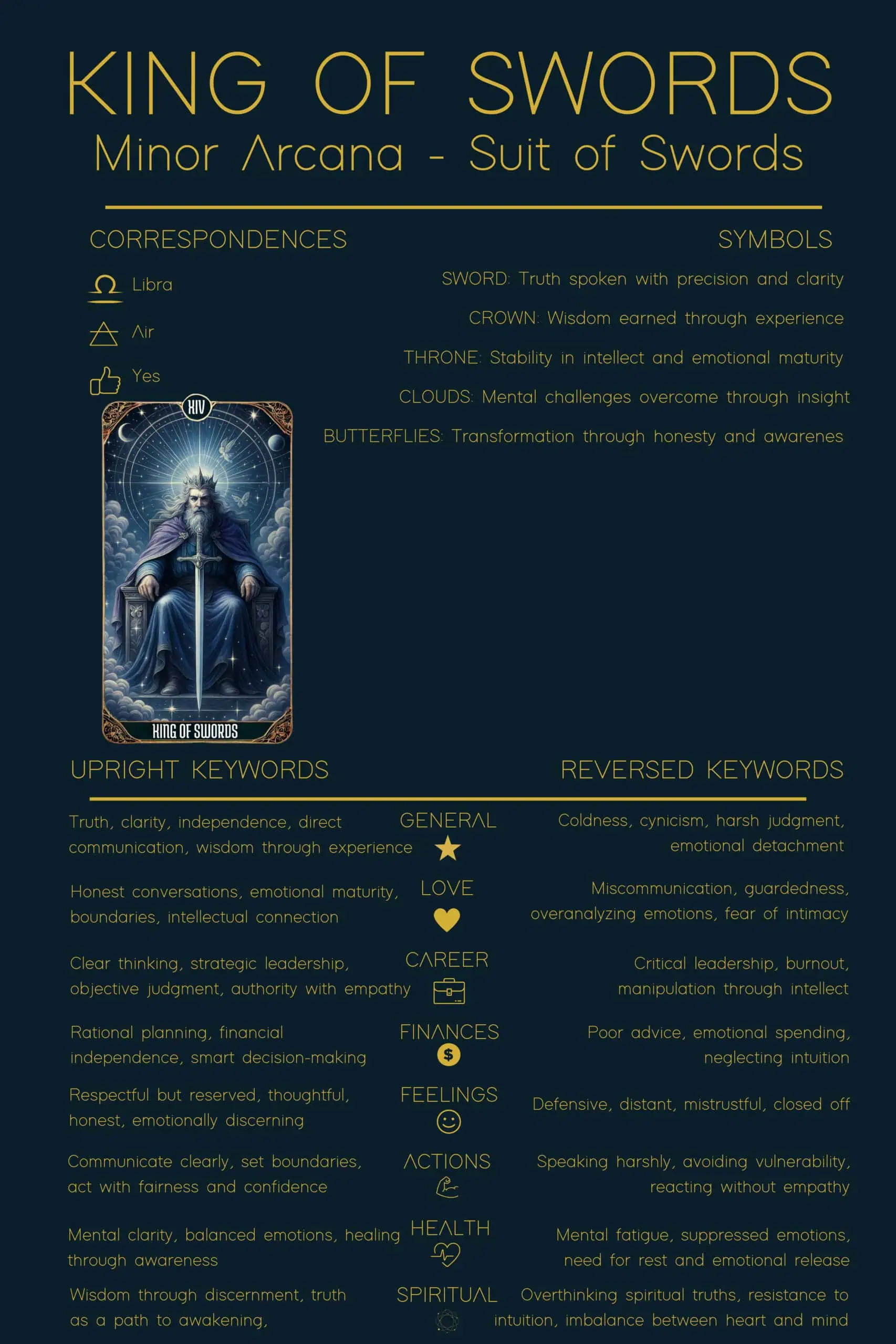 Alt text: King of Swords tarot meaning chart displaying correspondences, symbols, and upright and reversed keywords for general, love, career, and spiritual interpretations.