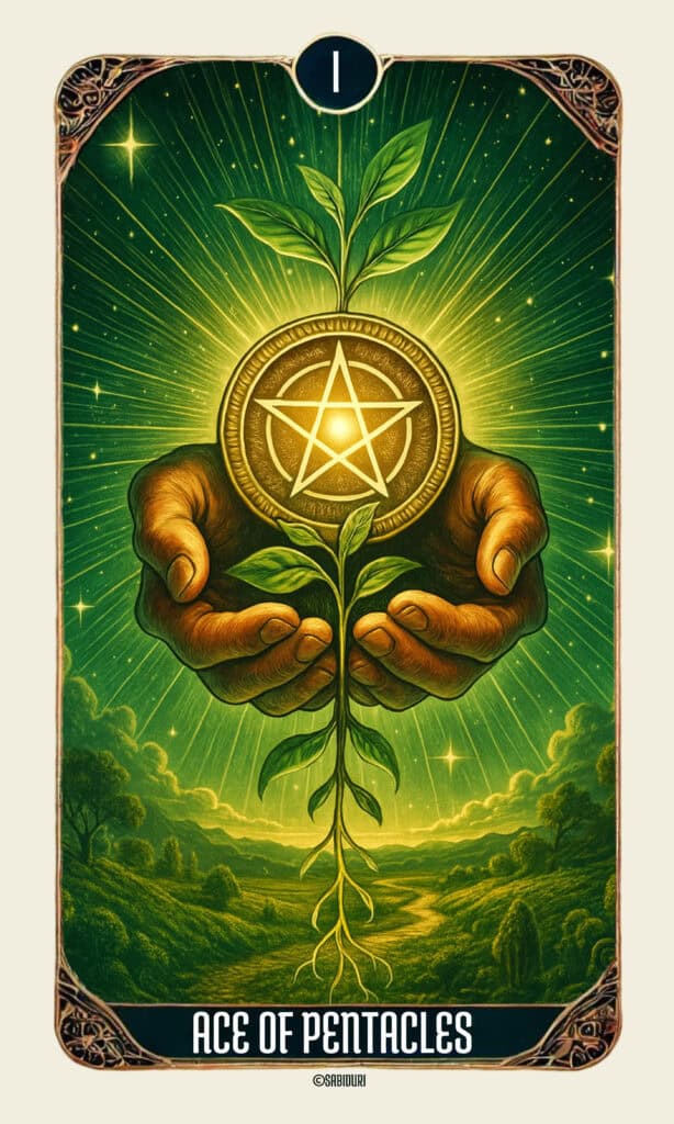 Ace of Pentacles Tarot Card Meaning - Minor Arcana Tarot Card Meanings Ace of Pentacles tarot card meaning illustrated with radiant green light, a golden coin, and a sprouting plant held by two hands, symbolizing abundance and manifestation.