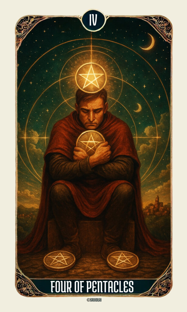 Detailed Four of Pentacles tarot card meaning illustration showing a man seated with four coins — one above his head, one on his chest, and two under his feet — symbolizing attachment and control.
