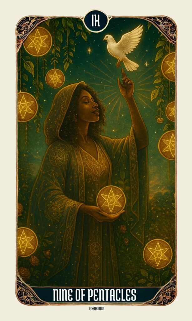 Nine of Pentacles tarot card meaning depicted in detailed artwork — a woman in a golden robe beneath a starry sky, holding a pentacle and touching a white dove, embodying independence and harmony.