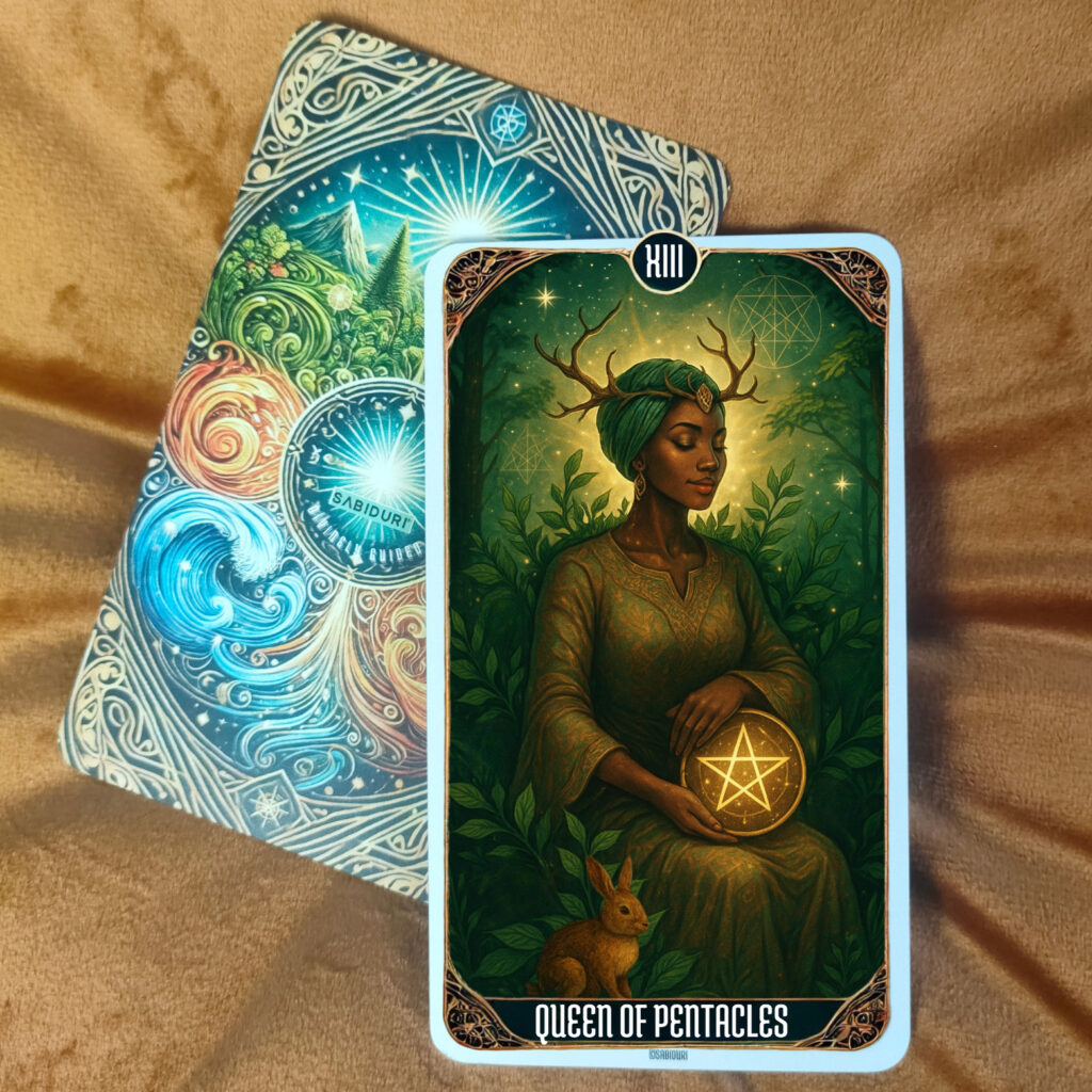 Tarot Card Meanings List: All Complete 78 Cards Queen of Pentacles tarot card upright on a golden-brown surface, resting atop another card. The queen holds a radiant pentacle with calm, focused energy, surrounded by flourishing plants. The image reflects the Queen of Pentacles tarot card meaning, highlighting balance, care, and abundance.