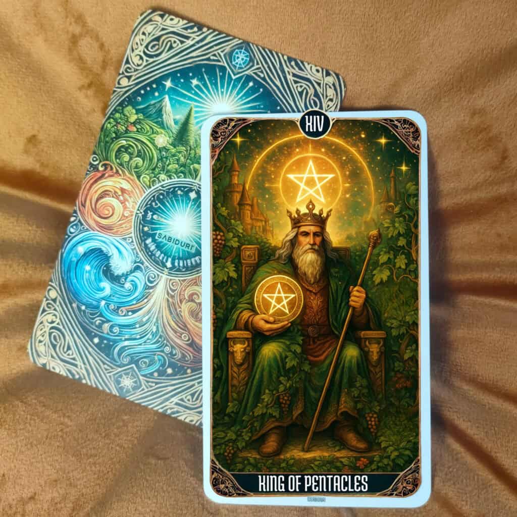 Tarot Card Meanings List: All Complete 78 Cards The upright King of Pentacles tarot card meaning illustrated by a wise king on a throne surrounded by vines and a glowing pentacle, representing stability, abundance, and grounded success.
