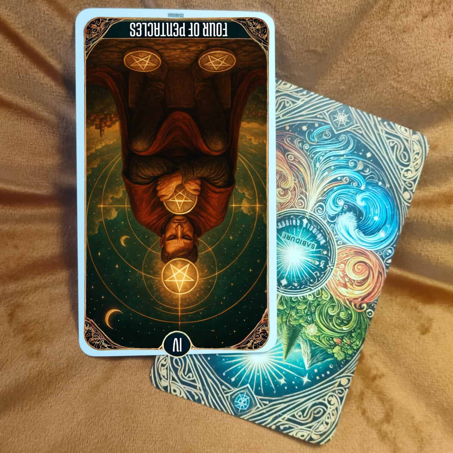 Reversed Four of Pentacles tarot card meaning — the figure clutches a coin to his chest while sitting outside the city walls, symbolizing release, generosity, and letting go of control.