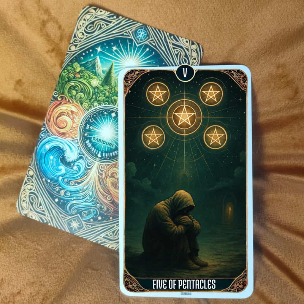 Tarot Card Meanings List: All Complete 78 Cards A hooded figure sits alone under five glowing pentacles in a dark night sky, symbolizing loss, struggle, and hope—an image representing the Five of Pentacles tarot card meaning.