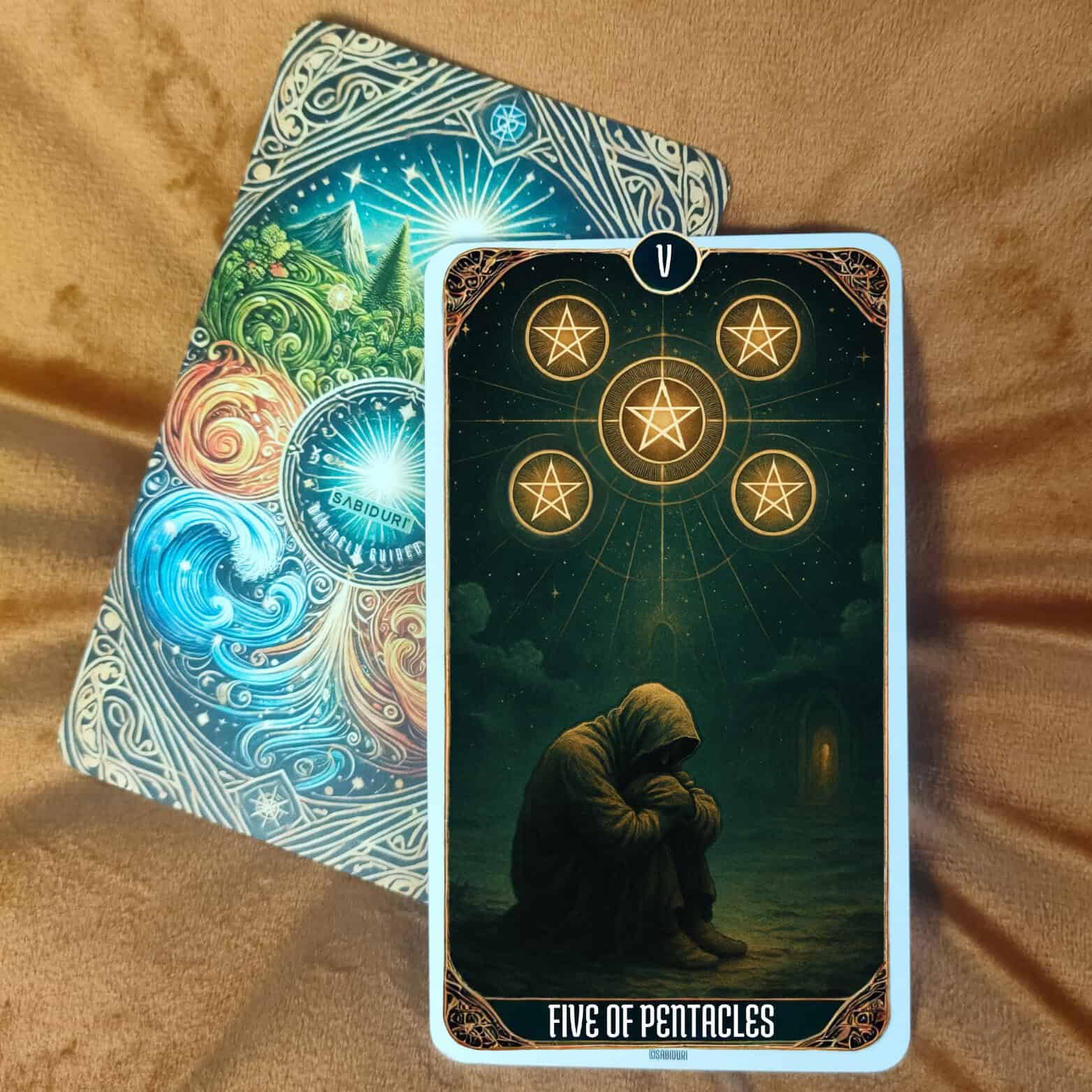 A hooded figure sits alone under five glowing pentacles in a dark night sky, symbolizing loss, struggle, and hope—an image representing the Five of Pentacles tarot card meaning.