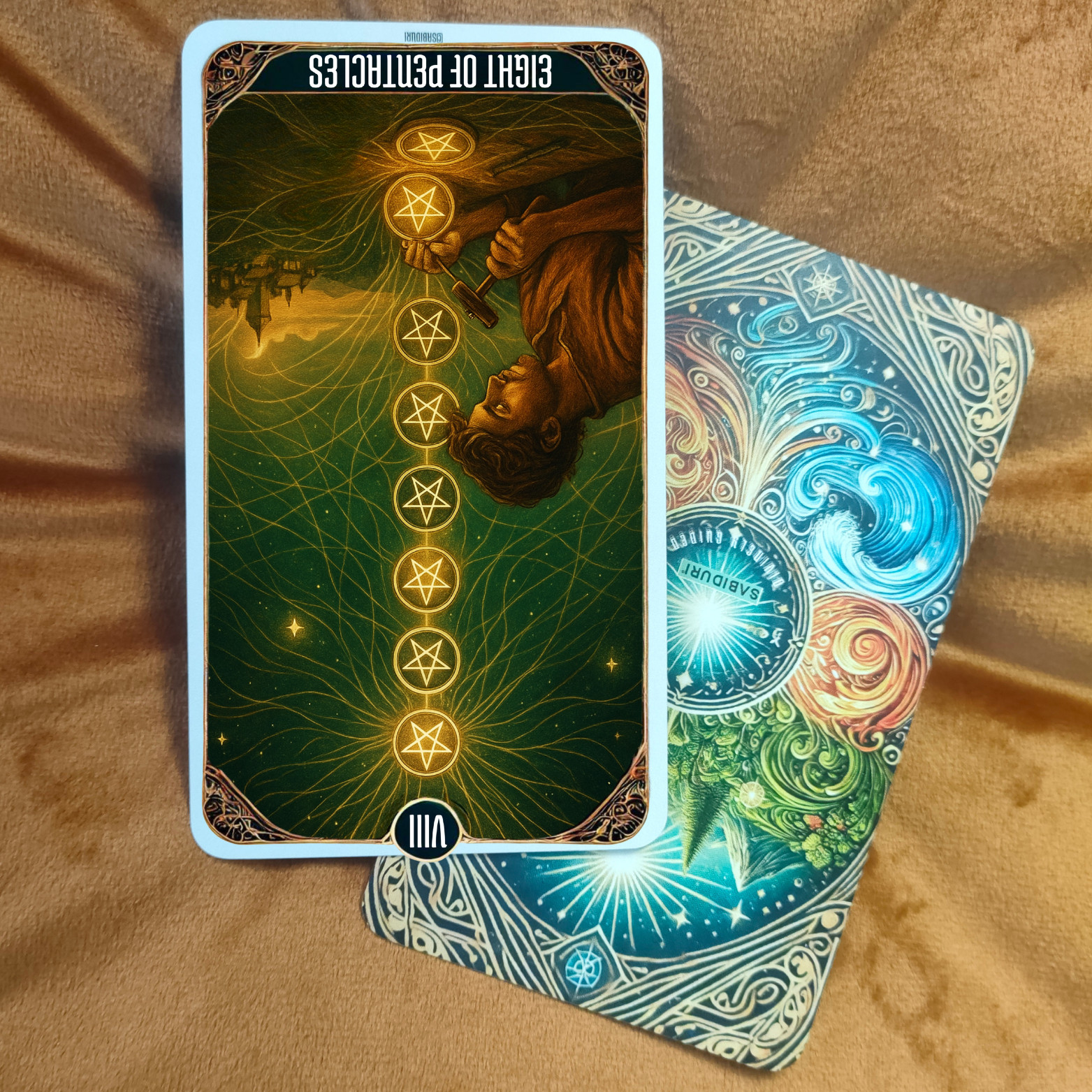 Eight of Pentacles Tarot Card Meaning - Minor Arcana Tarot Card Meanings Reversed Eight of Pentacles tarot card meaning depicting a craftsman upside down, representing burnout, lack of focus, and the need to realign effort with intention.