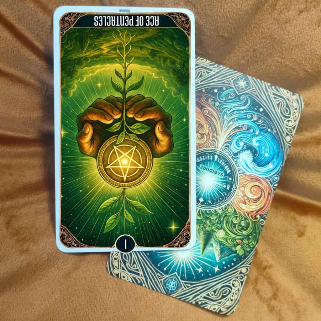 Ace of Pentacles Tarot Card Meaning - Minor Arcana Tarot Card Meanings Reversed Ace of Pentacles tarot card meaning showing two hands holding a golden coin with a sprouting plant, symbolizing blocked growth and delayed manifestation.