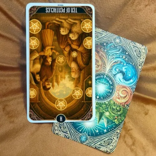 10 of Pentacles Tarot Card Meaning - Minor Arcana Tarot Card Meanings Ten of Pentacles tarot card meaning reversed — an upside-down card showing a family scene symbolizing instability, broken traditions, and reevaluating legacy.