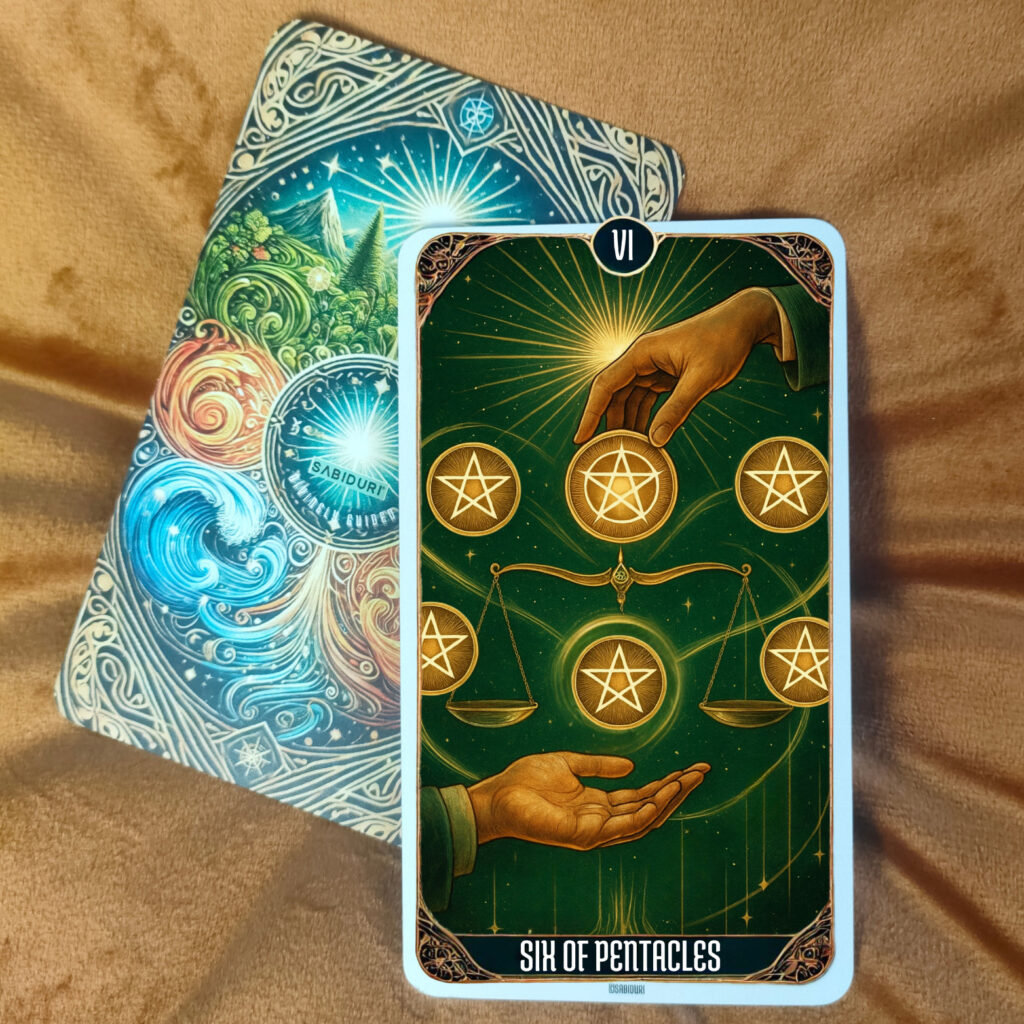 Tarot Card Meanings List: All Complete 78 Cards Six of Pentacles tarot card illustrating giving, receiving, and balanced flow of resources.”