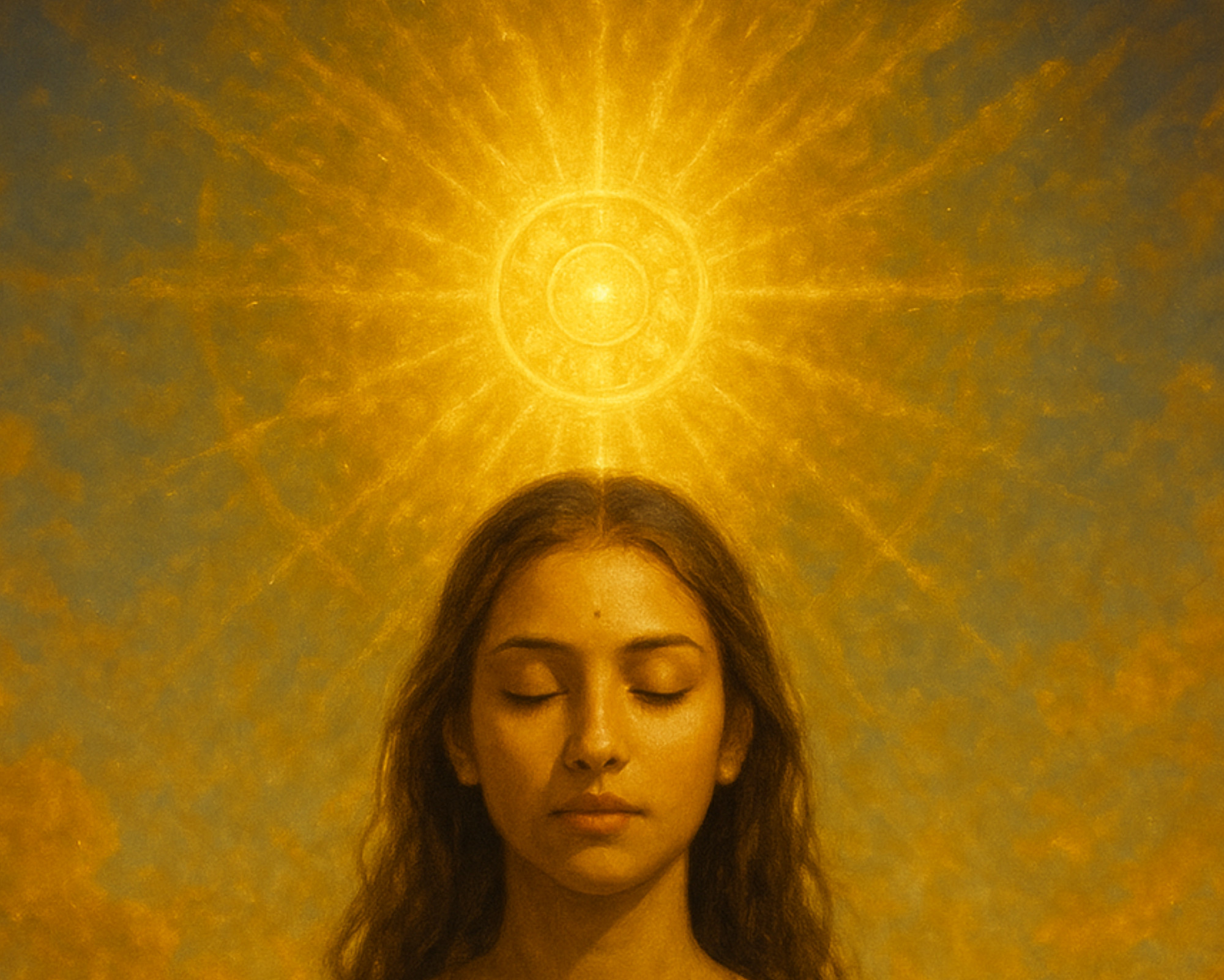 Portrait of a woman meditating with eyes closed as a radiant golden chakra glows above her head.