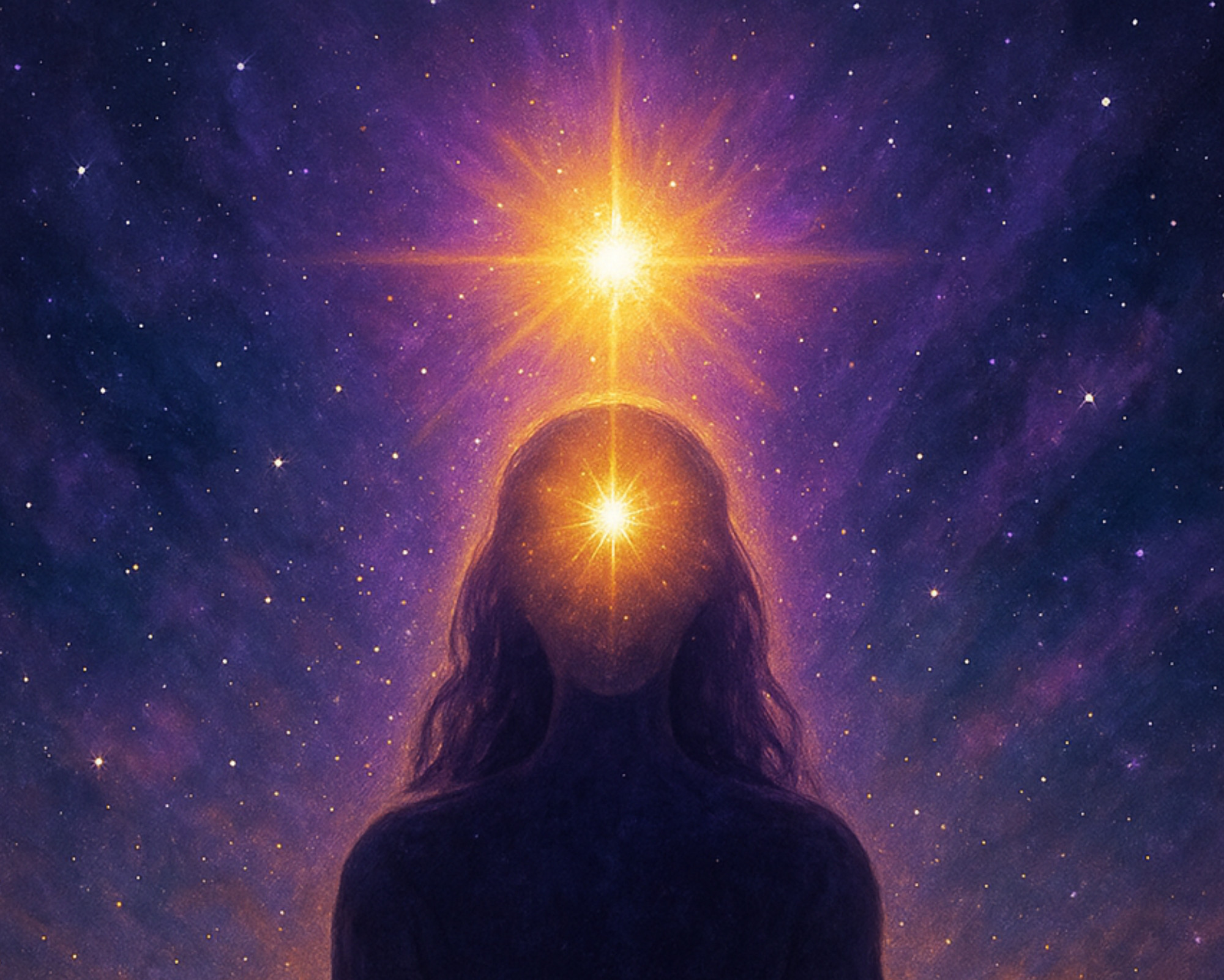 A silhouette in meditation with a bright light at the third eye and a golden star above the head, symbolizing the activation of the 12th chakra.
