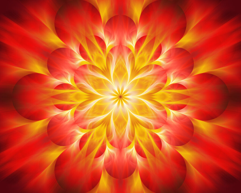 Root Chakra: The Guide of the 1st Chakra A glowing red and yellow mandala radiating energy, representing Root Chakra activation, grounding vibrations, and the awakening of vital life force.