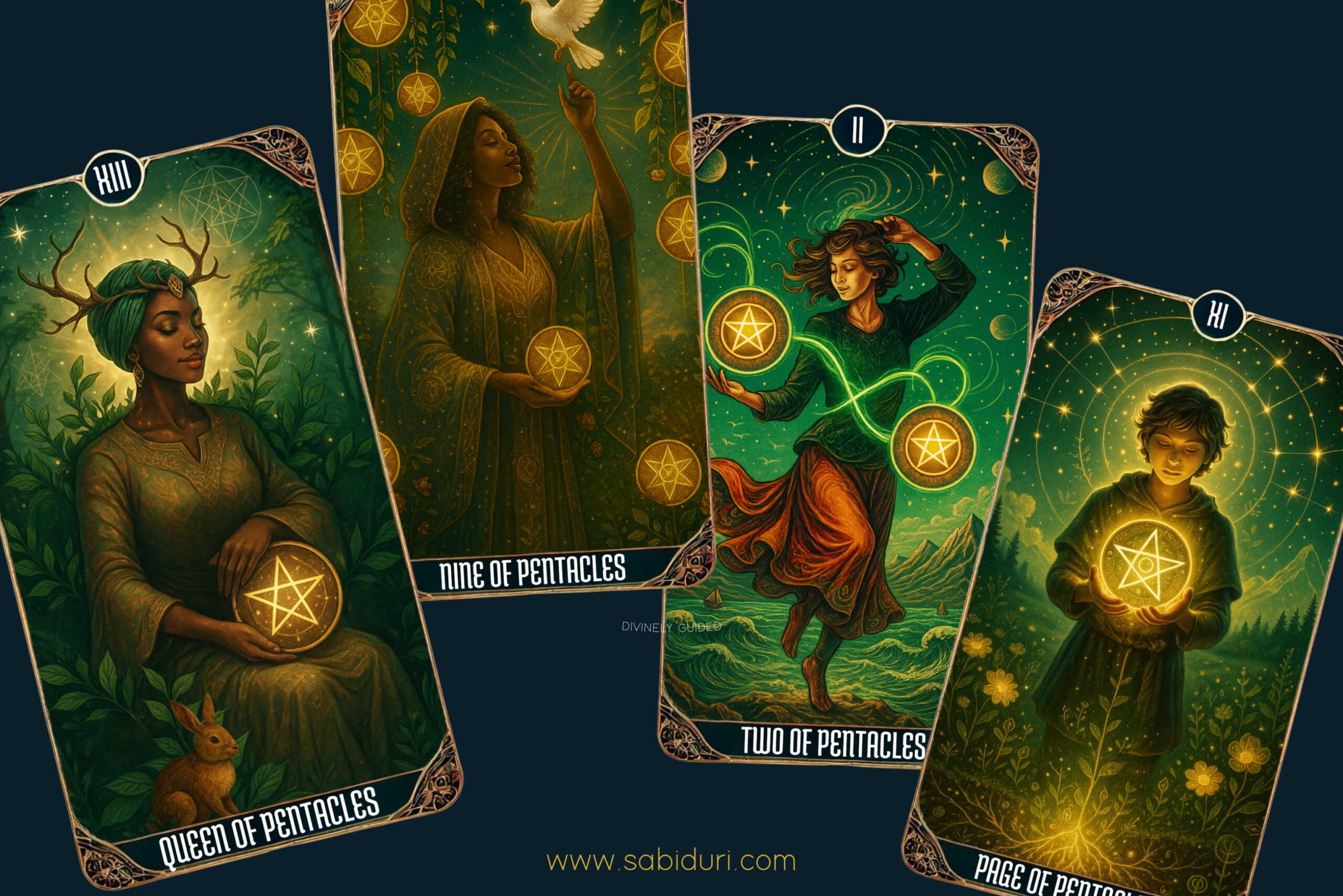 Beautiful illustration showing the Queen, Nine, Two, and Page cards from the Suit of Pentacles tarot card meaning, symbolizing grounding, abundance, and manifestation.