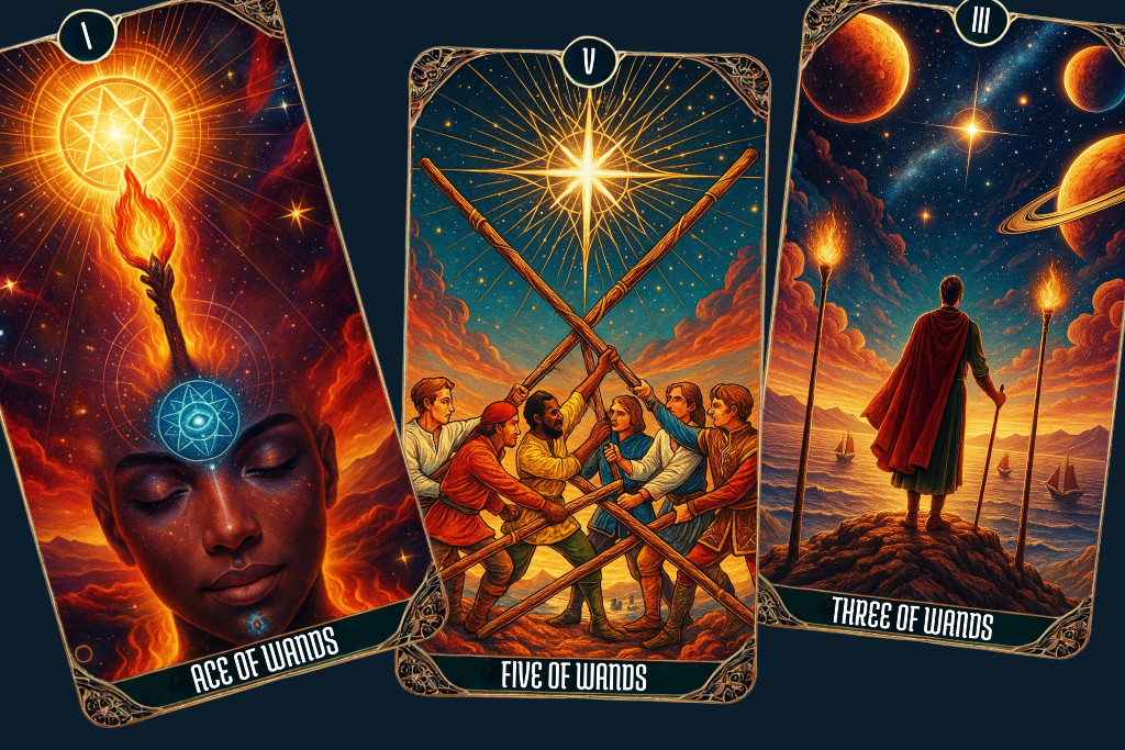 Illustration of the Ace of Wands, Five of Wands, and Three of Wands showing the Suit of Wands tarot card meaning through fire, conflict, and future vision.
