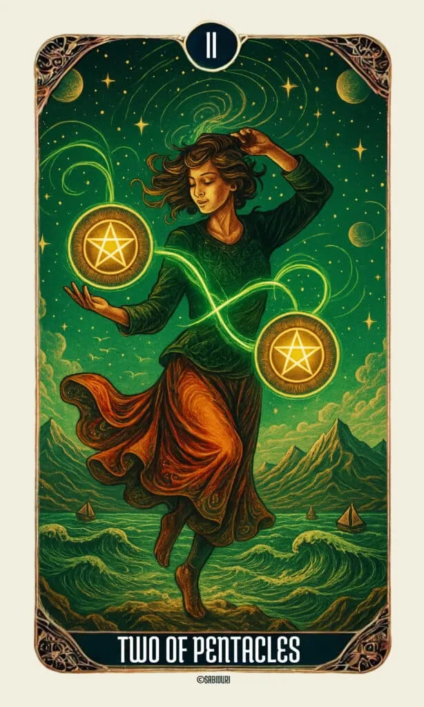 Detailed illustration of the Two of Pentacles tarot card meaning depicting a person gracefully balancing two glowing pentacles over ocean waves under a starlit sky.