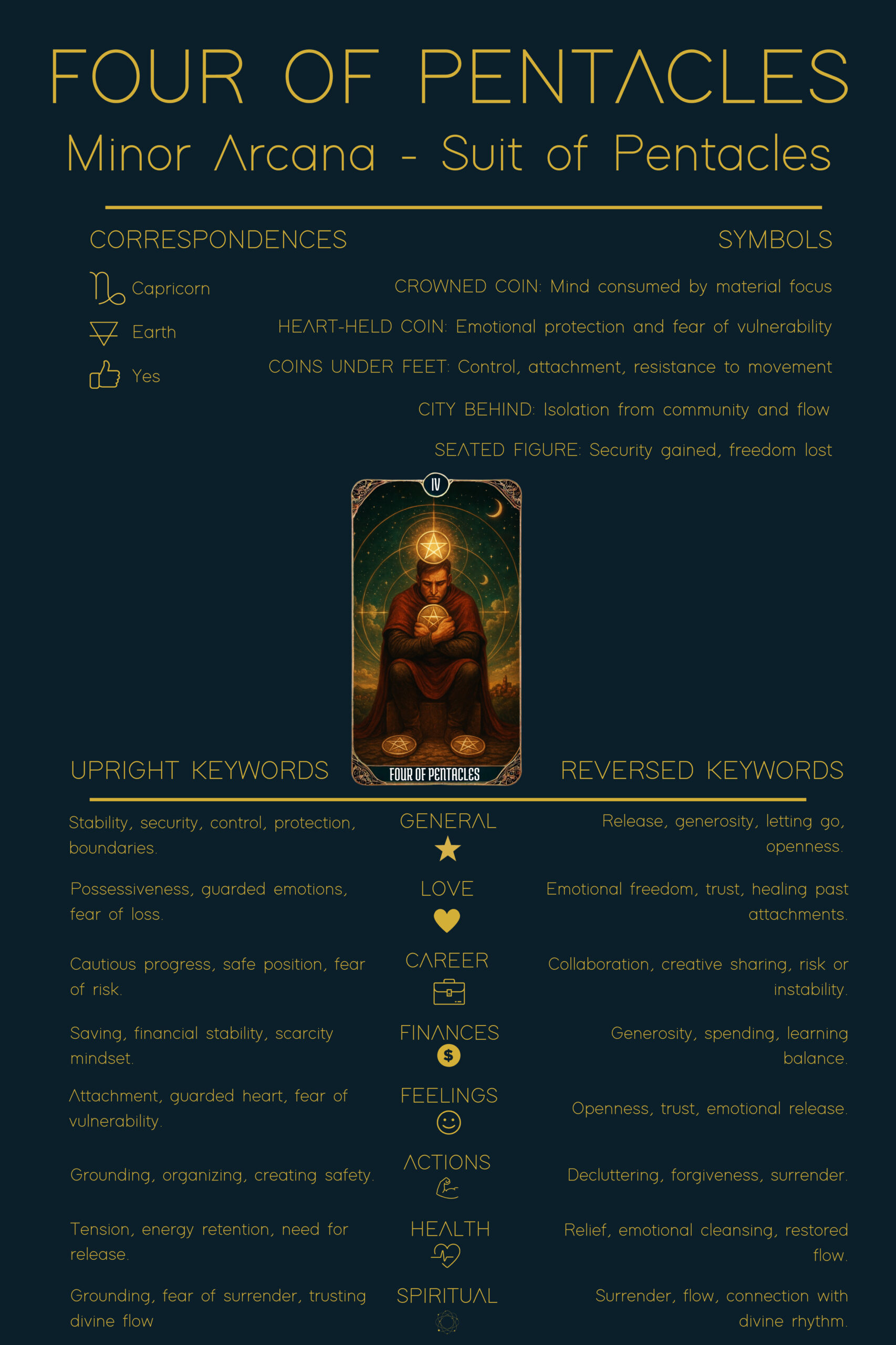Four of Pentacles tarot card meaning cheat sheet showing correspondences, upright and reversed keywords, and symbolism of the crowned coin, heart-held coin, and city behind the seated figure.