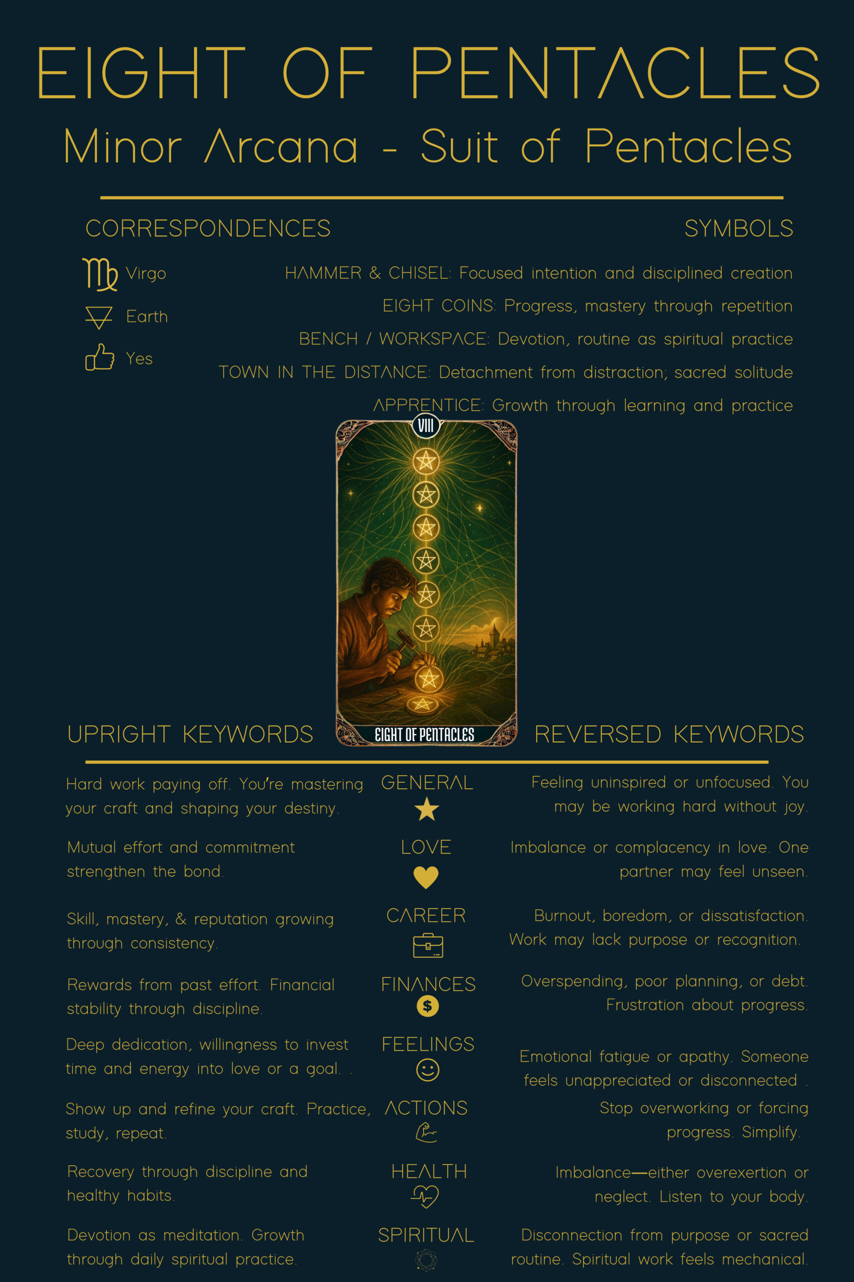 Eight of Pentacles Tarot Card Meaning - Minor Arcana Tarot Card Meanings Eight of Pentacles tarot card meaning cheat sheet showing correspondences, upright and reversed keywords, and symbols representing discipline, progress, and spiritual growth.