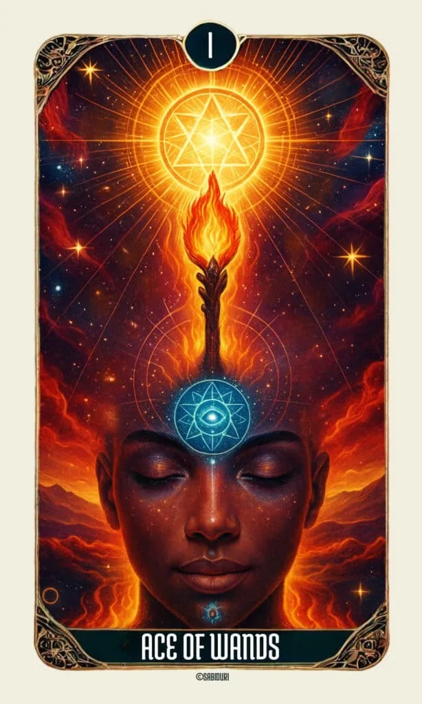 The Ace of Wands Tarot Card Meaning - Minor Arcana Tarot Card Meanings Close-up illustration of the Ace of Wands tarot card featuring a glowing wand rising from the third eye, symbolizing spiritual ignition, creativity, and the deeper Ace of Wands tarot card meaning.