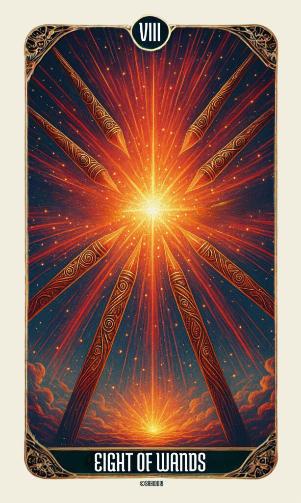 Eight of Wands tarot card meaning depicted through radiant flying wands and explosive light, symbolizing speed, progress, and aligned action.