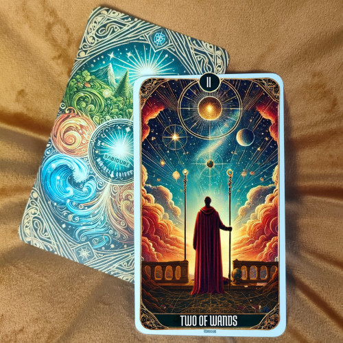 A photo of the upright Two of Wands tarot card on a velvet background, featuring a figure in a red cloak standing between two wands and gazing at a cosmic sky filled with planets and radiant light. This image represents the upright Two of Wands tarot card meaning.