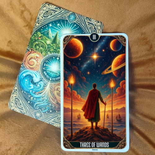 A person stands on a cliff overlooking ships and cosmic skies, illustrating the upright three of wands tarot card meaning of expansion and foresight.
