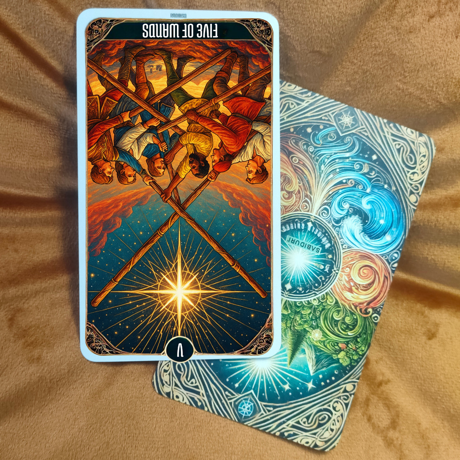 Reversed Five of Wands tarot card from a Sabiduri deck, illustrating conflict resolution and inner tension, connected to the FIVE of Wands tarot card meaning.