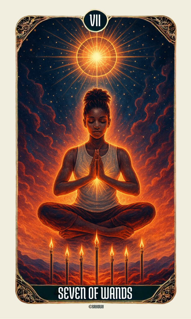 7 of Wands Tarot Card Meaning - Minor Arcana Tarot Card Meanings Seven of Wands tarot card meaning depicted through a powerful meditative figure surrounded by fire, symbolizing resilience, spiritual integrity, and inner authority.