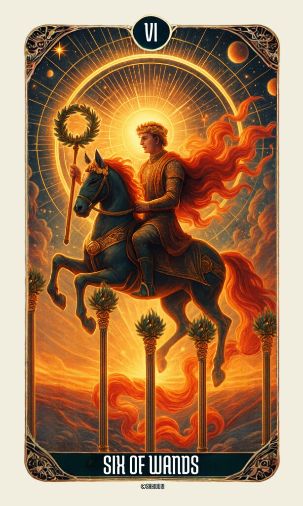 Six of Wands tarot card meaning shown in a detailed upright card illustration, symbolizing triumph, leadership, confidence, and being seen for your achievements.