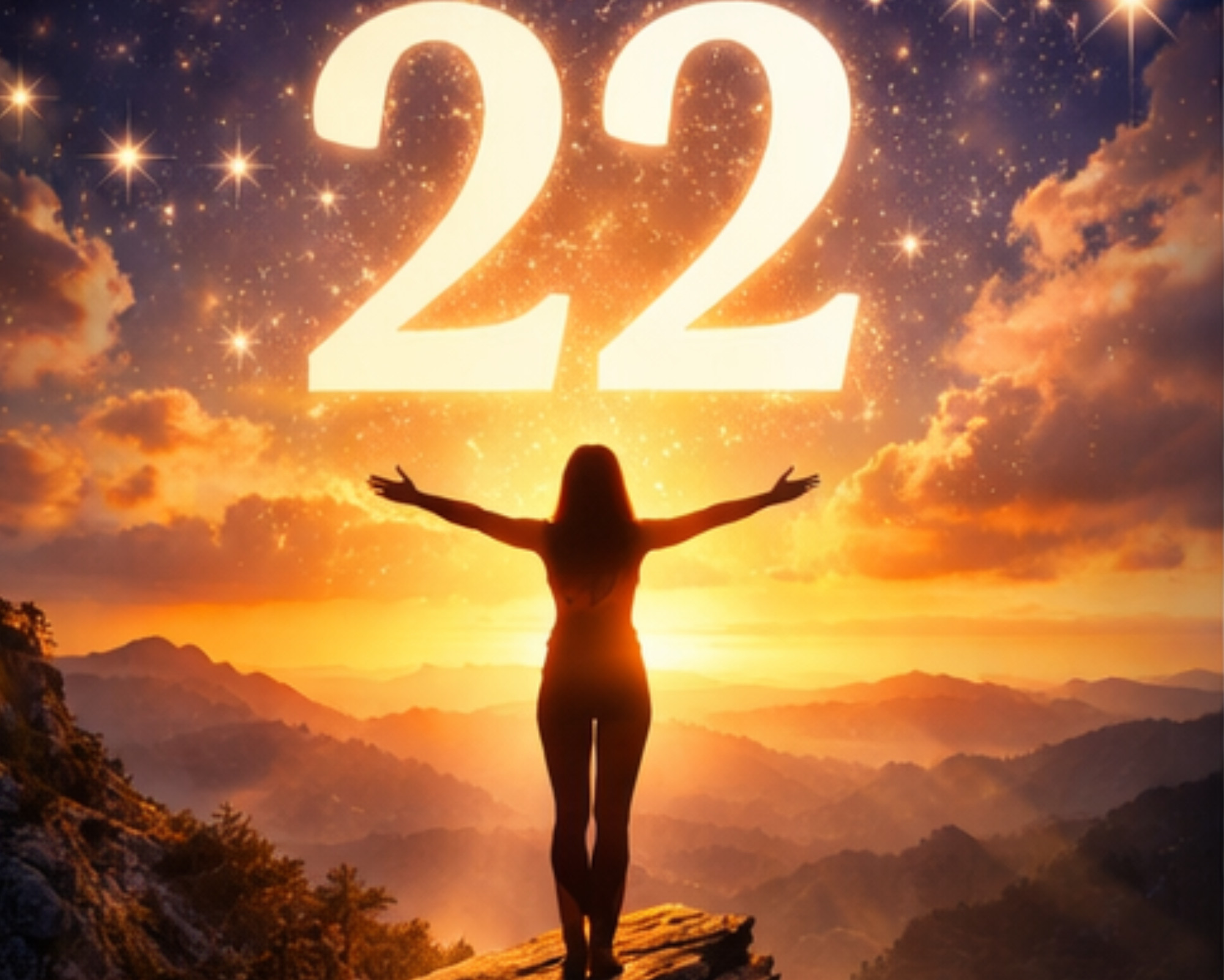 Person standing on a mountain at sunrise with arms open beneath glowing light, symbolizing spiritual awakening and the meaning of Angel Number 22.