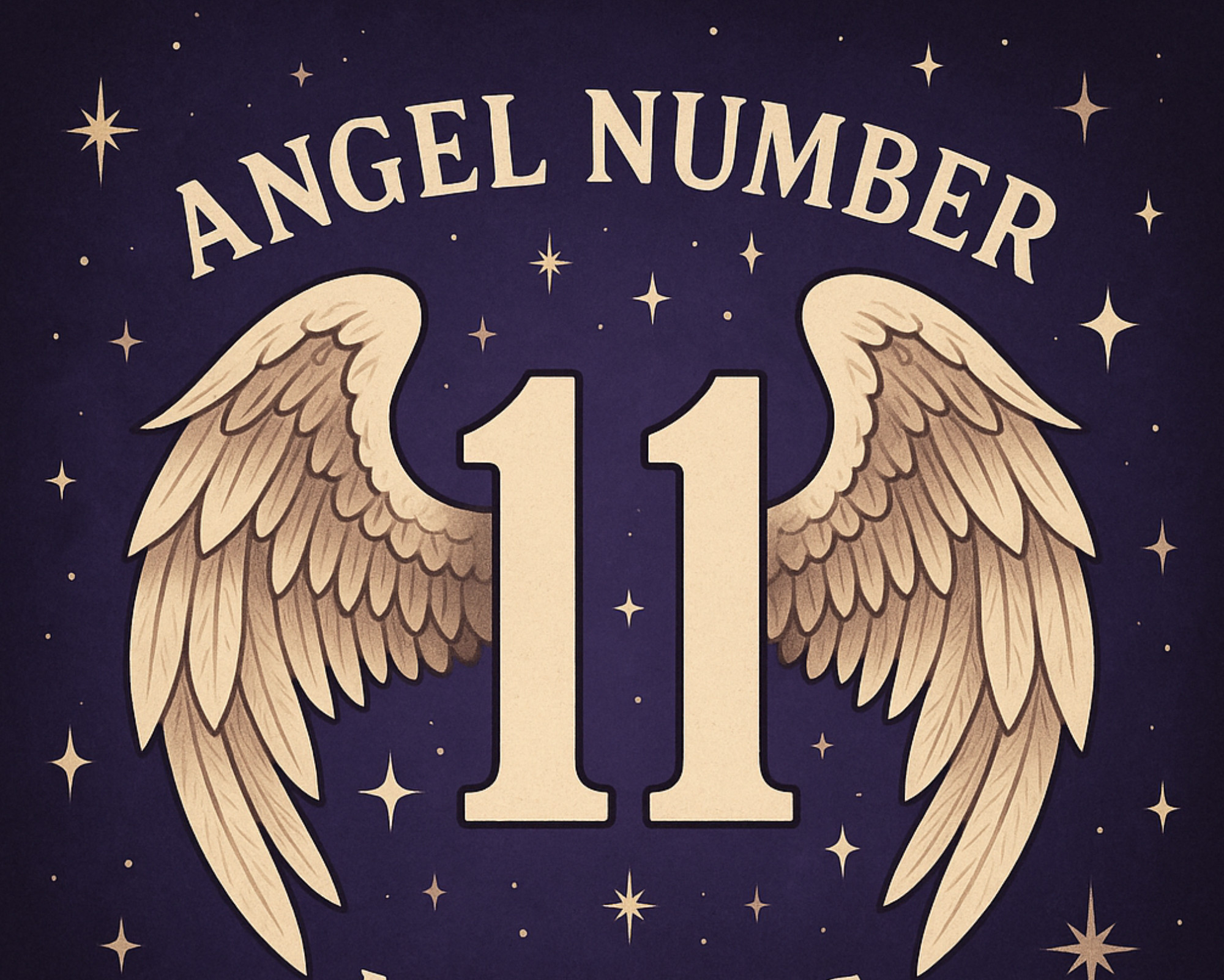 11 Angel Numbers Vintage-style illustration of angel number 11 with soft beige angel wings and a star-filled purple sky.