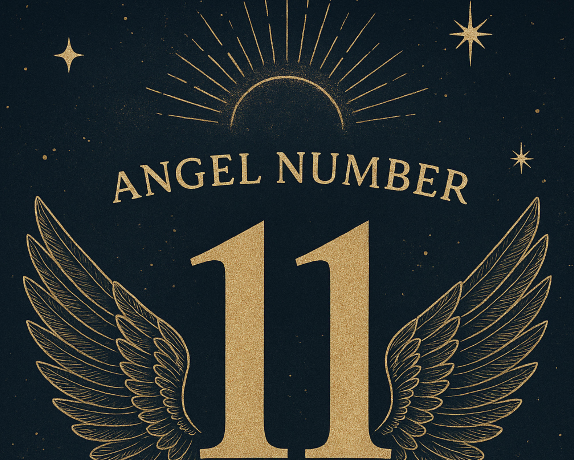 Elegant celestial artwork of angel number 11 with golden wings, stars, and a glowing sunburst on a dark blue background.