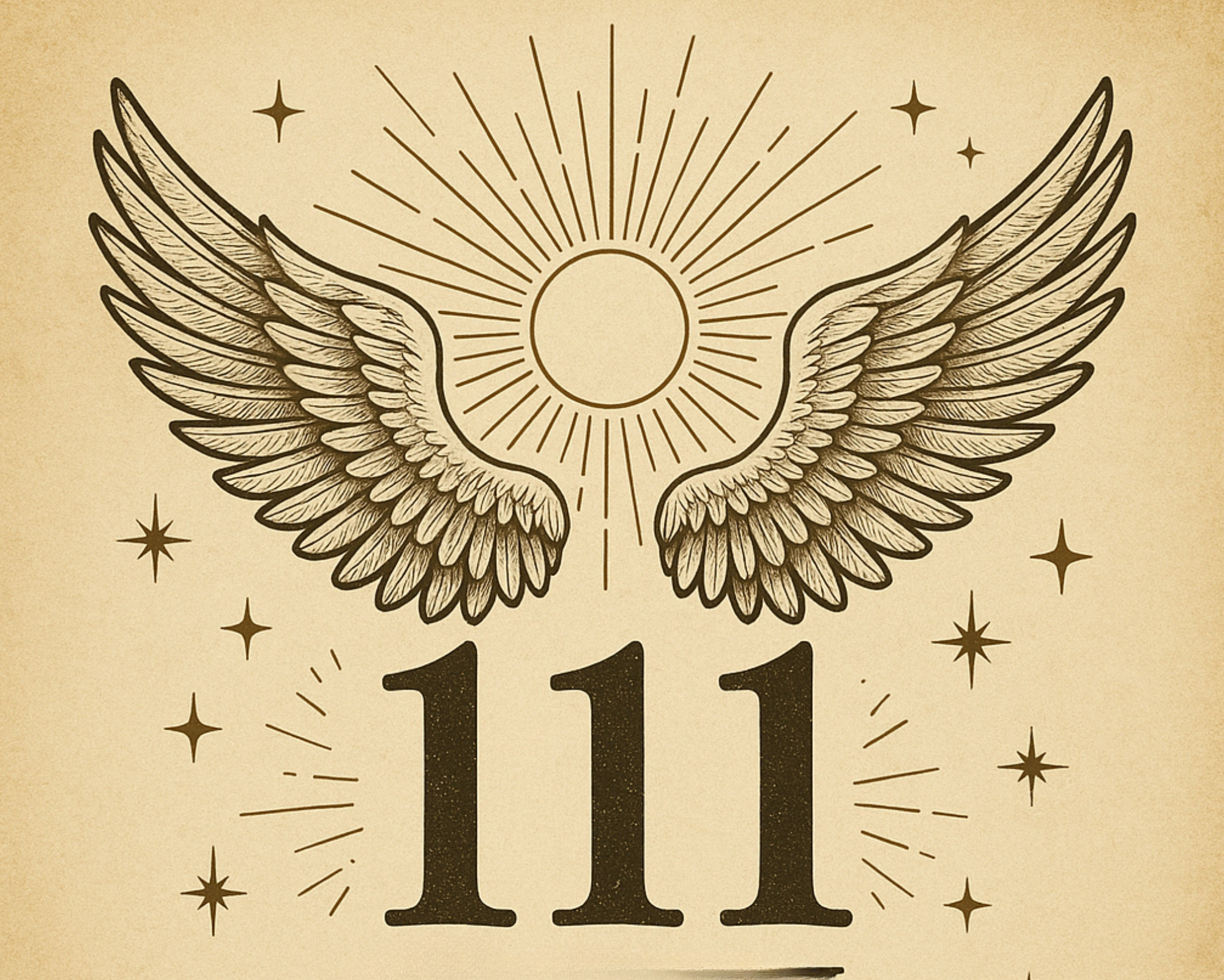 Vintage illustration of the number 111 with angel wings and a glowing sunburst, reflecting the spiritual meaning of 111 angel numbers.