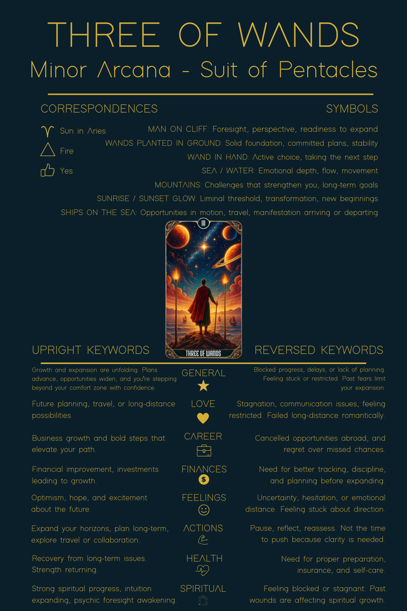 A detailed cheat sheet for the three of wands tarot card meaning, including correspondences, symbols, keywords, and upright and reversed interpretations.