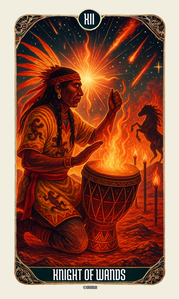 Knight of Wands tarot card meaning depicted through fiery symbolism, a powerful figure channeling creative fire, ambition, and forward movement.