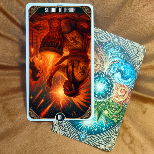 Knight of Wands tarot card meaning illustrated through a reversed card position, symbolizing scattered energy, impatience, burnout, and impulsive fire.
