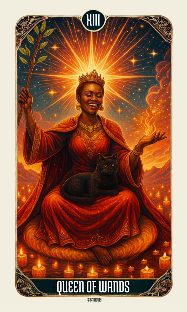 Queen of Wands Tarot Meaning - Minor Arcana Tarot Card Meanings Queen of Wands tarot card meaning depicted in a detailed illustration of a crowned woman holding a wand, surrounded by firelight and a black cat symbolizing intuition and power.