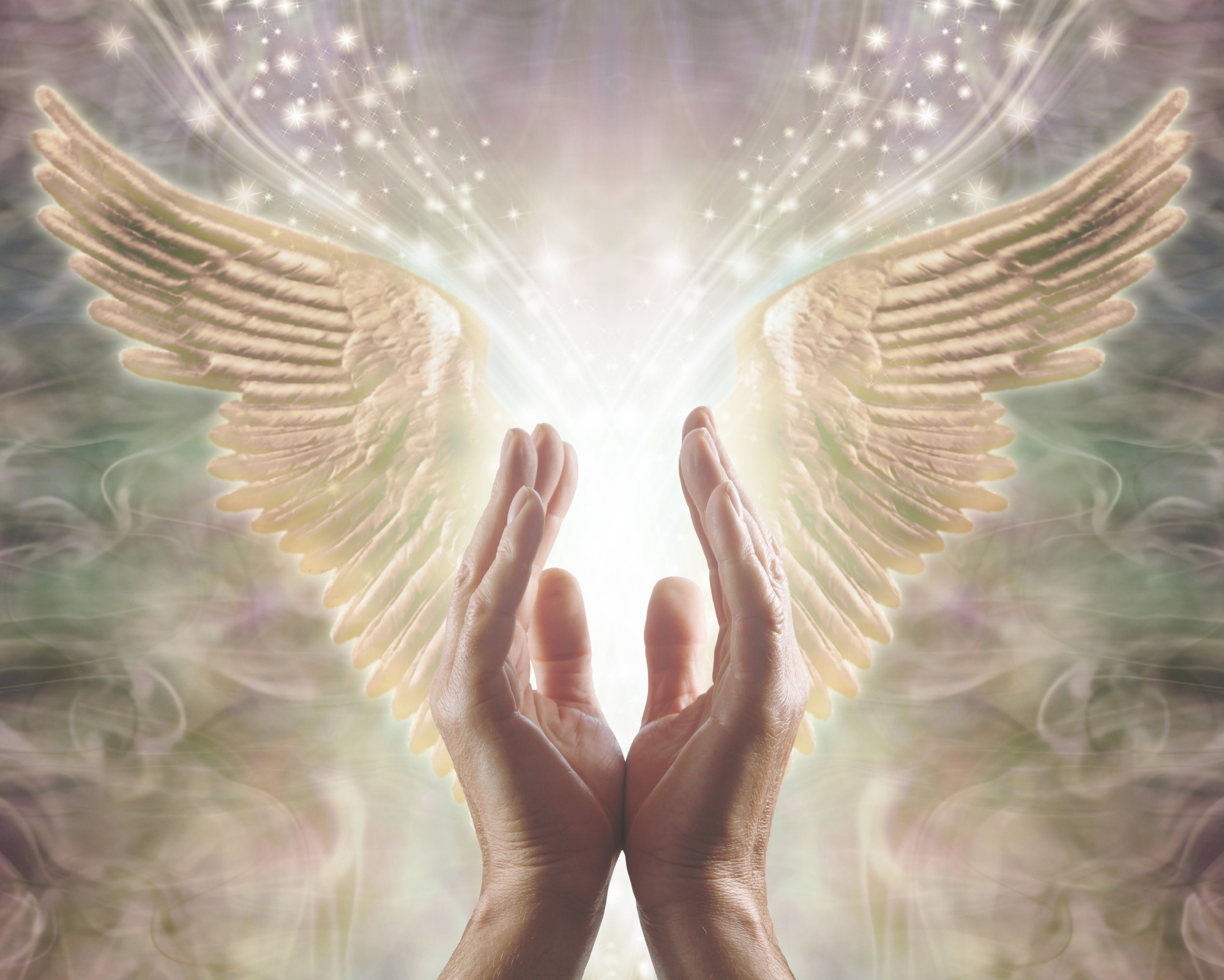 Hands surrounded by angel wings and light symbolizing protection, faith, and angel numbers 202 spiritual support.