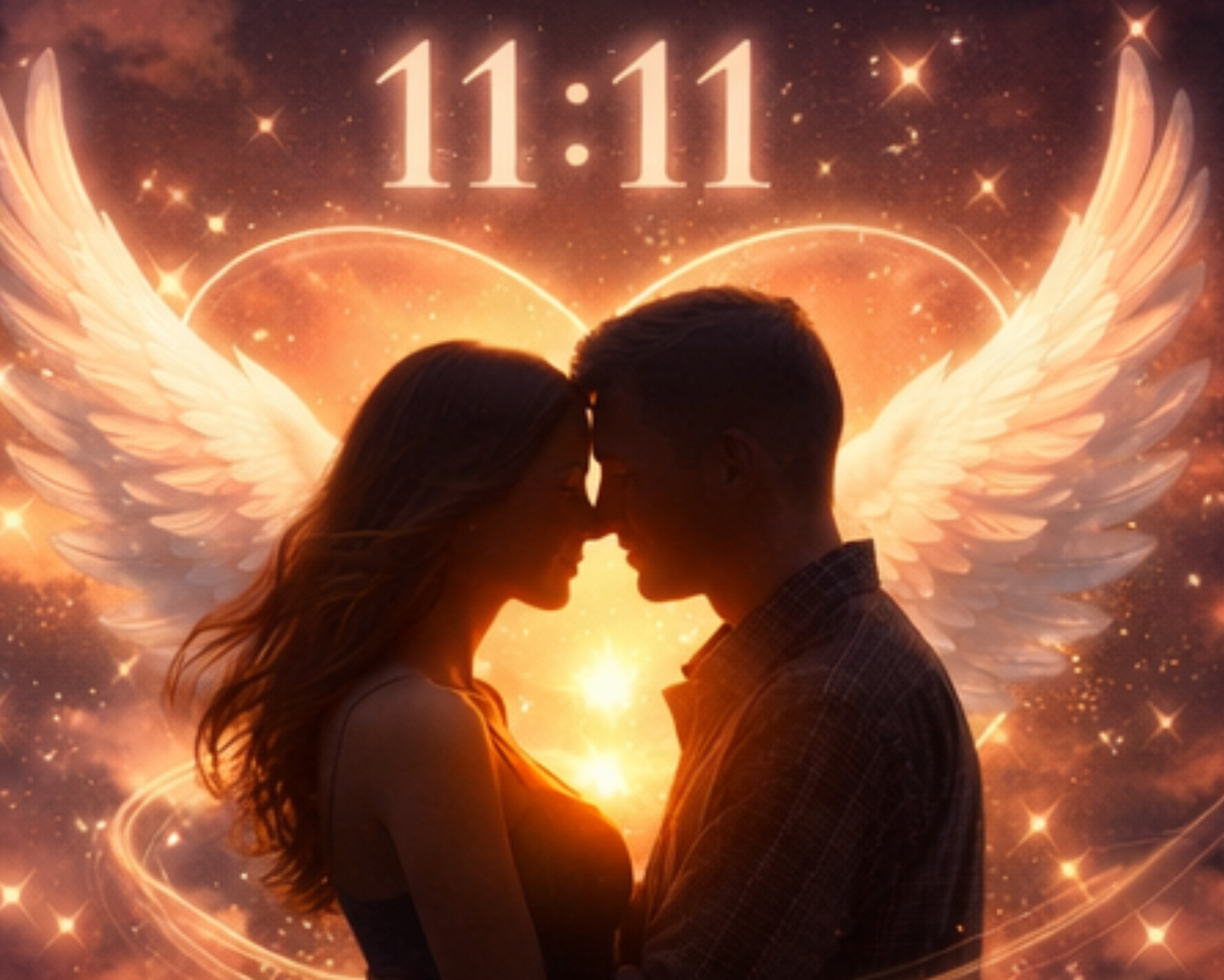 Double Digit Angel Numbers: What To Do When You Keep Seeing Them Romantic couple surrounded by angel wings and 11:11, symbolizing double digit angel numbers in love, soul connections, and twin flame energy.