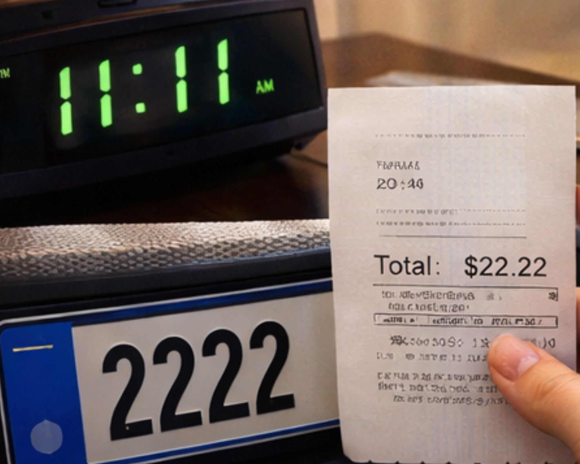 Double Digit Angel Numbers: What To Do When You Keep Seeing Them Everyday signs of double digit angel numbers appearing on a clock, receipt, and license plate, showing how spiritual messages appear in daily life.