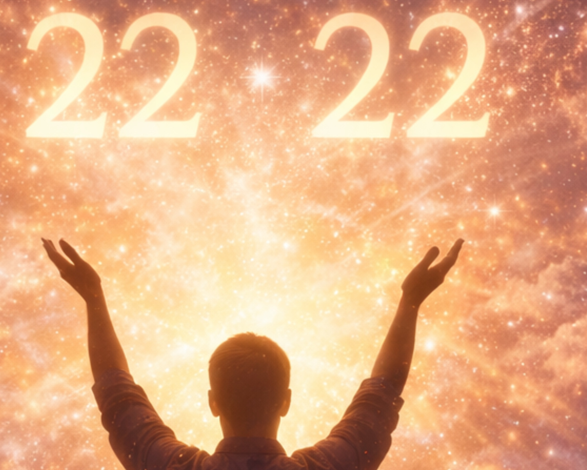 Double Digit Angel Numbers: What To Do When You Keep Seeing Them Person raising their arms toward the sky under the number 22:22, representing double digit angel numbers, manifestation energy, and spiritual awakening.