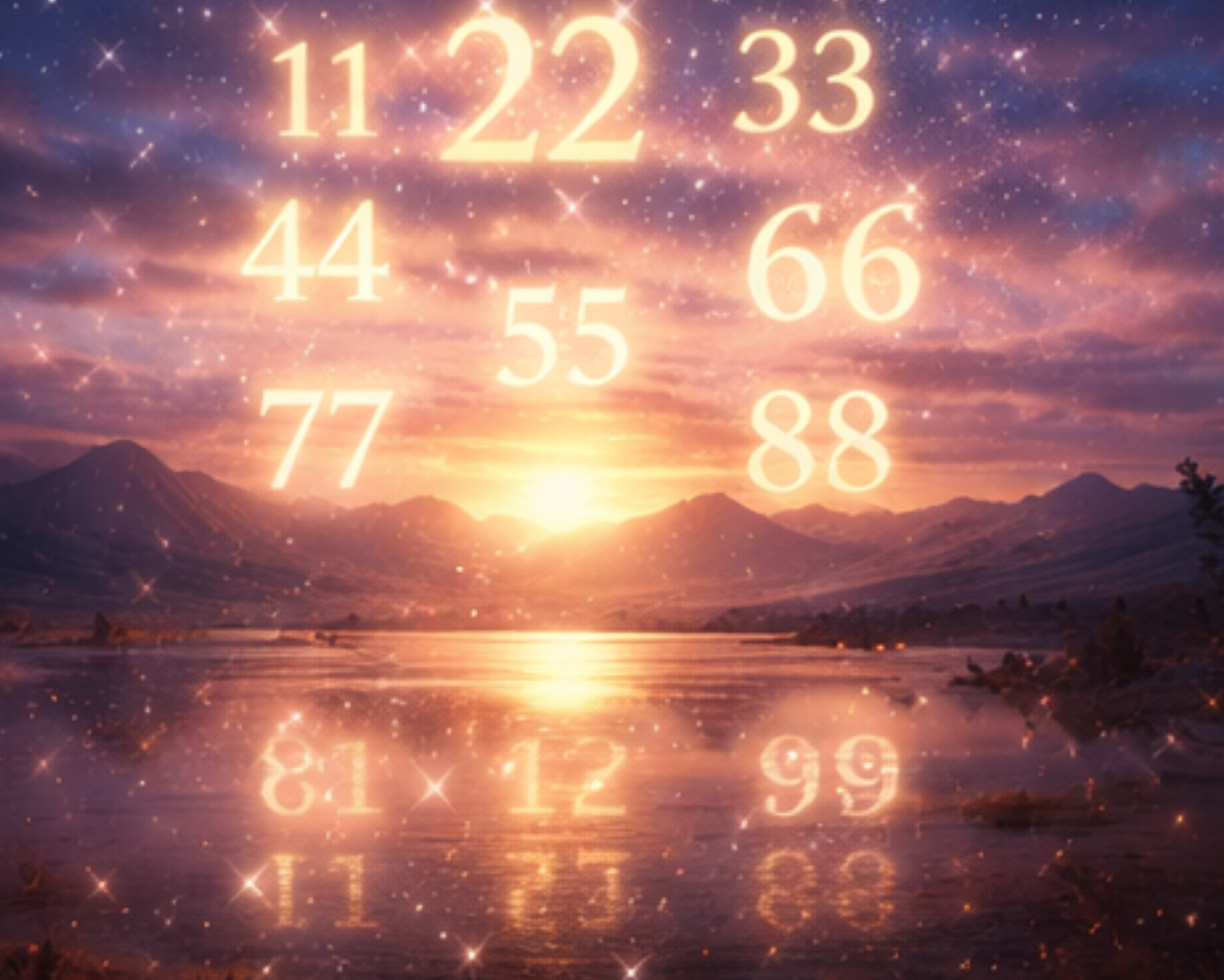 Glowing double digit angel numbers floating above a serene lake at sunset, symbolizing spiritual guidance, synchronicity, and divine timing.