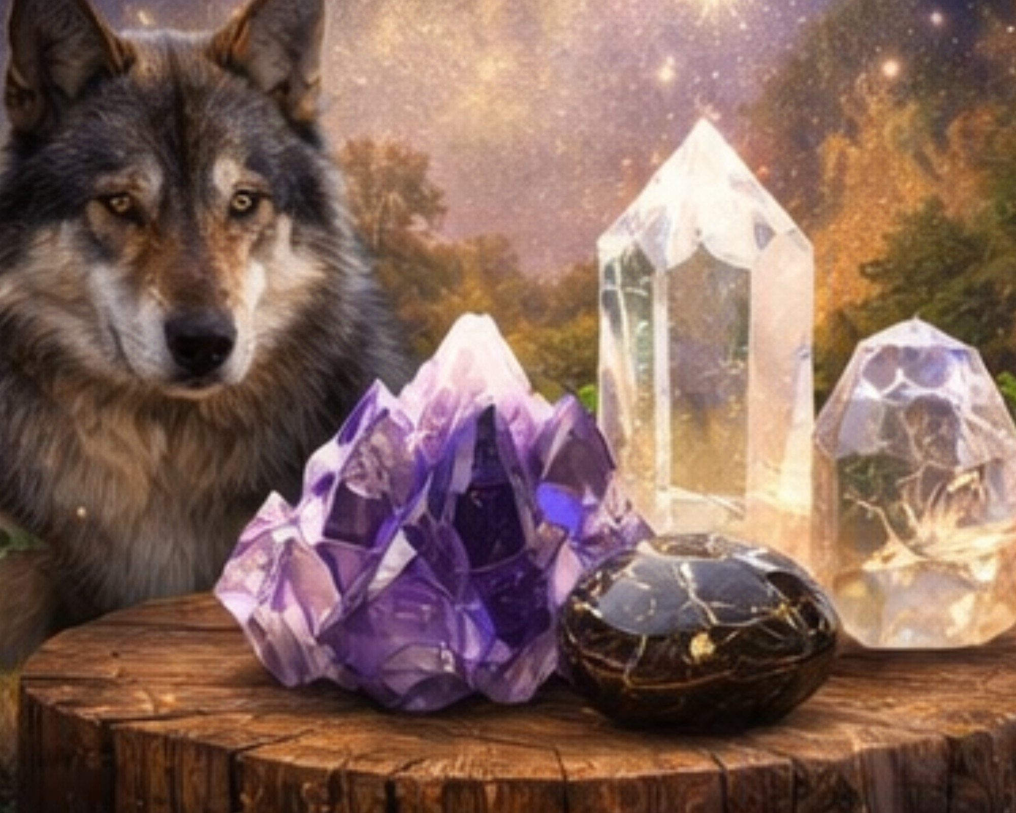 Wolf spirit animal beside amethyst and clear quartz crystals, representing intuition, protection, and how triple digit angel numbers connect with spiritual symbols and energy.