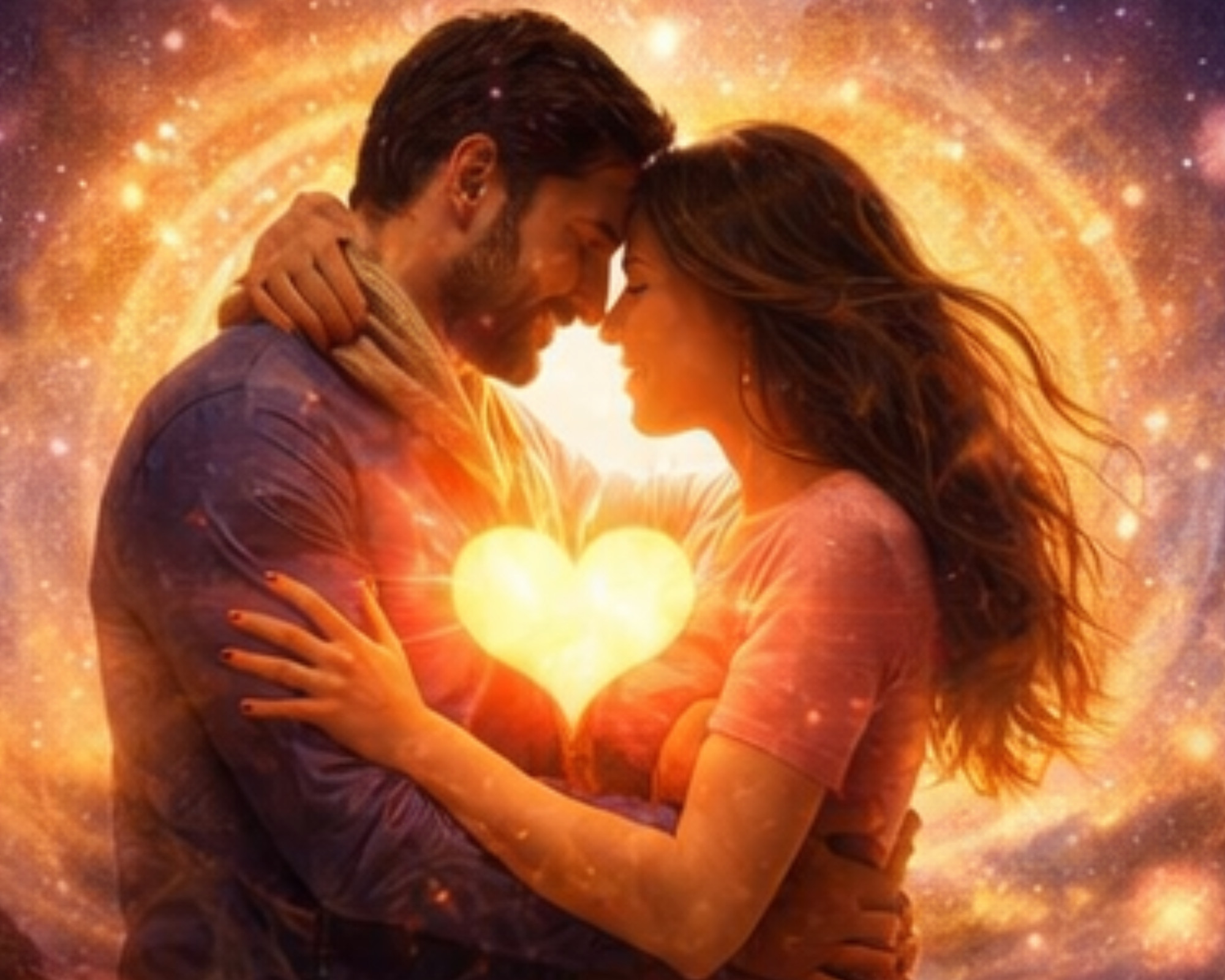 Couple embracing with a glowing heart aura, symbolizing love, soul connections, and the influence of triple digit angel numbers in relationships.