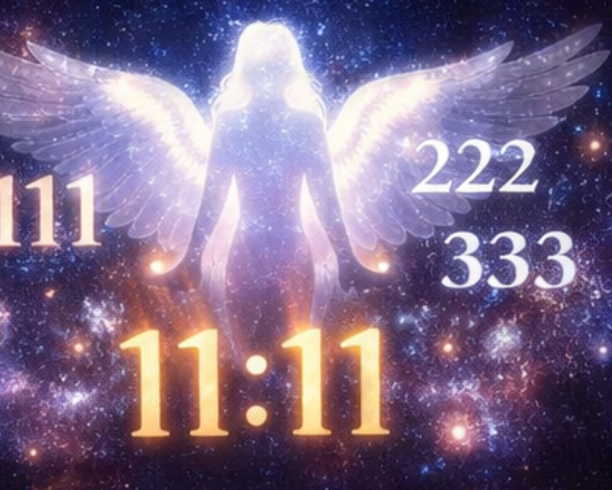 Glowing angel with white wings and triple digit angel numbers such as 111, 222, and 333 appearing in a star-filled sky, representing divine alignment and awakening.